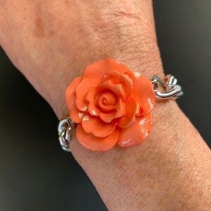 Coral Pink 3D Chunky Rose Flower Bracelet Jewelry Silver Link Chain